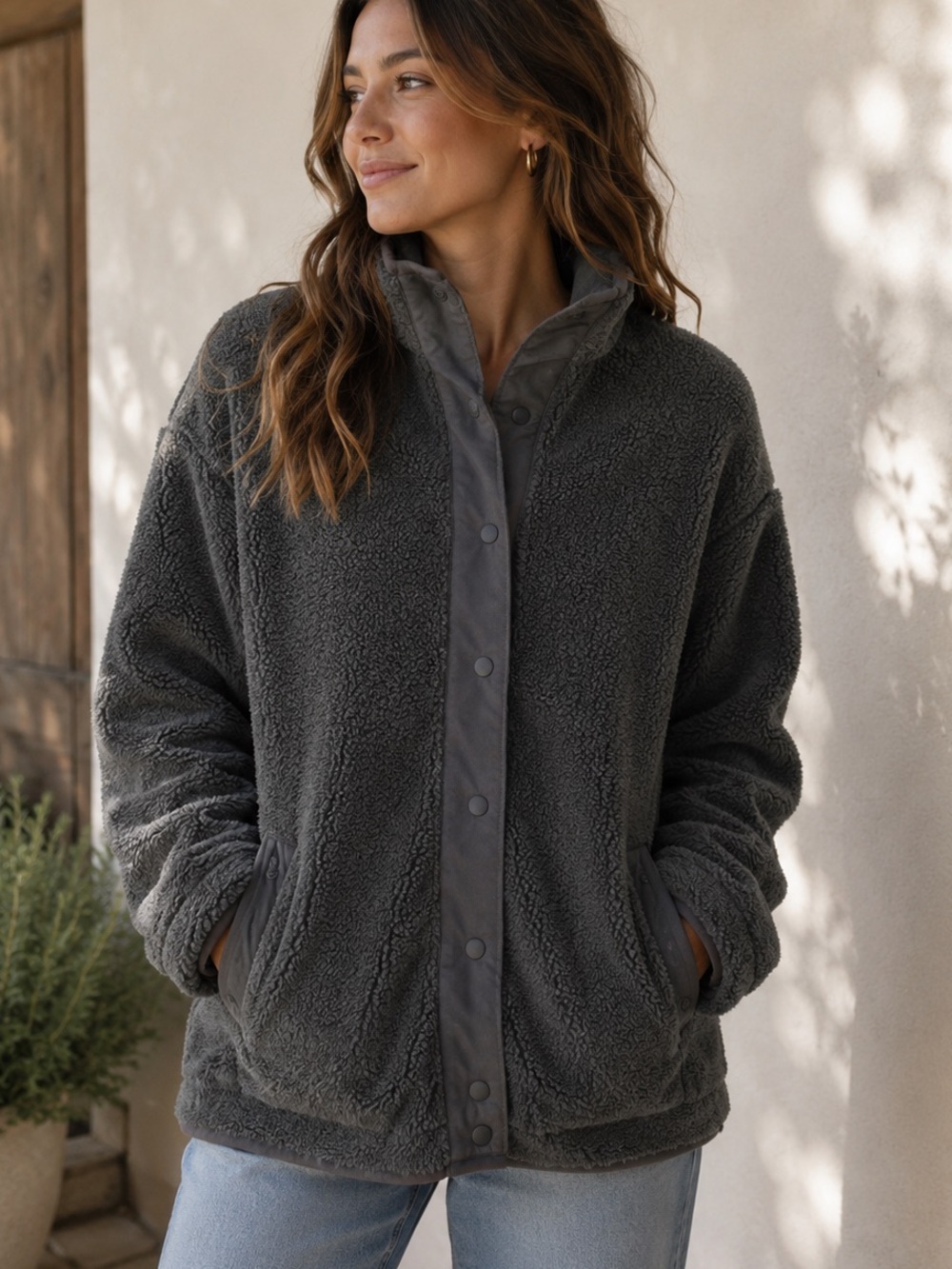 Chimala sz M Charcoal Gray Sherpa Fleece Jacket - Cozy Warm Outerwear great cond